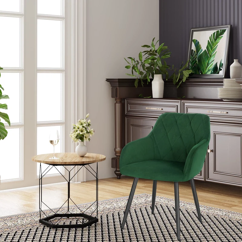 WOLTU Chaise Salle à Manger, Fauteuil Salon, Chaise Scandinave, Chaise de Cuisine en Velours, Assis Rembourré avec Accoudoirs et Dossier, Pieds en Métal, Vert Foncé, BH352dgn-1