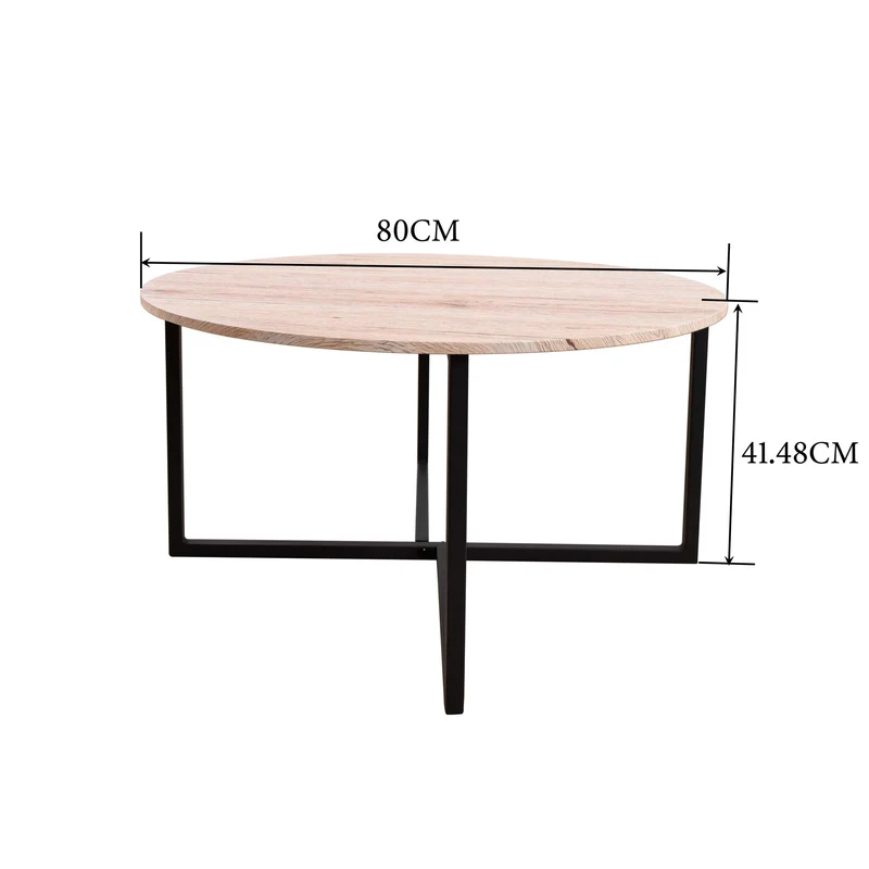 Table basse ronde pour salon avec pieds en métal, noir + chêne blanc.