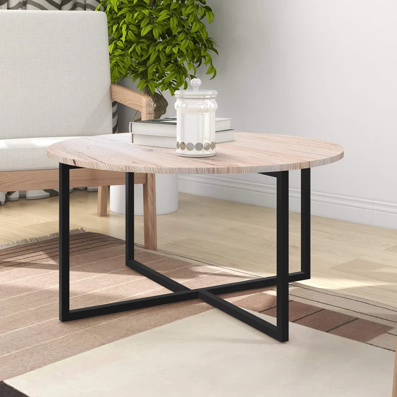 Table basse ronde pour salon avec pieds en métal, noir + chêne blanc.