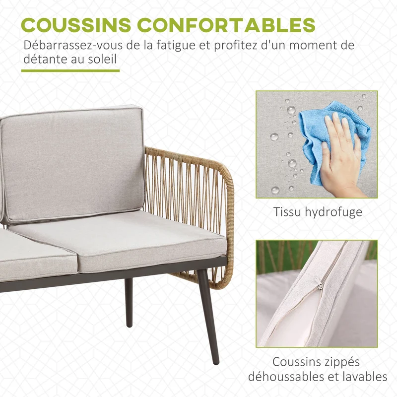 Outsunny Ensemble Salon de Jardin 4 pièces canapé 2 Places + 2 fauteuils + 1 Table Basse Plateau Verre trempé 8 Coussins - métal et résine tressée - Beige