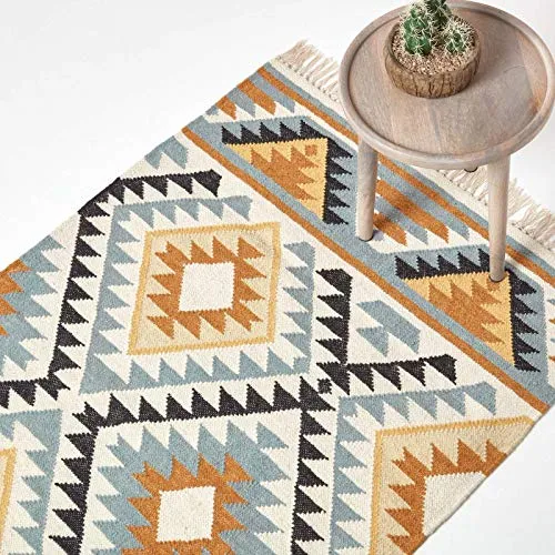 HOMESCAPES - Tapis Kilim en Laine à Motif géométrique Jaune, Fabrication Artisanale - Agra - 160 x 230 cm