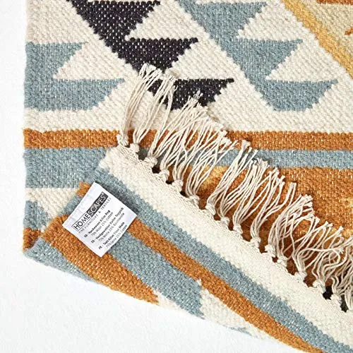 HOMESCAPES - Tapis Kilim en Laine à Motif géométrique Jaune, Fabrication Artisanale - Agra - 160 x 230 cm