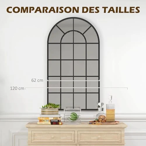 HOMCOM Miroir verrière Arche Style Industriel fenêtre Arcade métal Noir - 110 x 62 cm