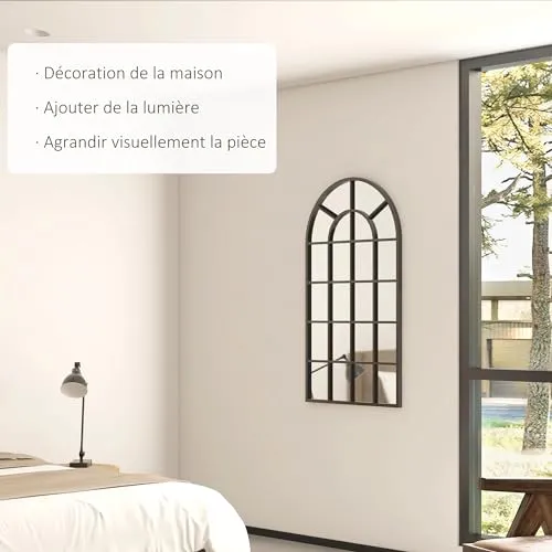 HOMCOM Miroir verrière Arche Style Industriel fenêtre Arcade métal Noir - 110 x 62 cm