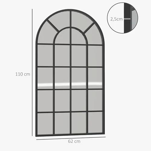 HOMCOM Miroir verrière Arche Style Industriel fenêtre Arcade métal Noir - 110 x 62 cm