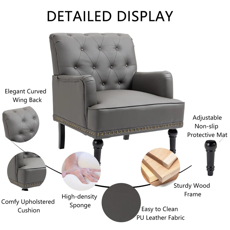 SEPNINE Fauteuil Classique en Cuir synthétique - pour Salon et Chambre - Charge maximale : 150 kg (Gris)