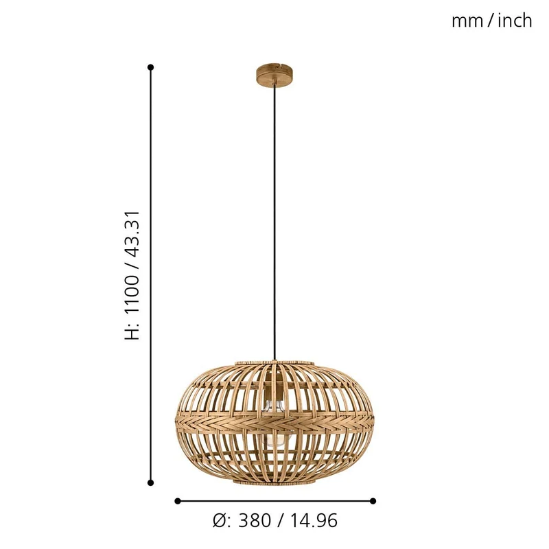 EGLO Suspension luminaire Amsfield, lustre vintage et boho en acier et bois naturel, lampe suspendue pour table à manger et salon, E27, Ø 38 cm