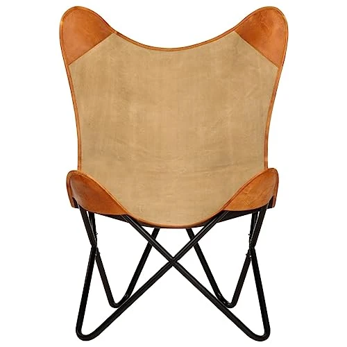 vidaXL Chaise Papillon Chaise de Salon Chaise de Salle de Séjour Chaise de Chambre à Coucher Chaise de Maison Intérieur Marron Cuir Véritable et Toile