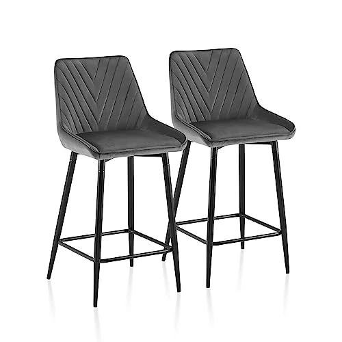 TUKAILAi Lot de 2 tabourets de bar en velours avec siège et dossier rembourrés - Chaises de comptoir de cuisine, tabourets de bar avec pieds et repose-pieds en métal noir pour salle à manger, bar,