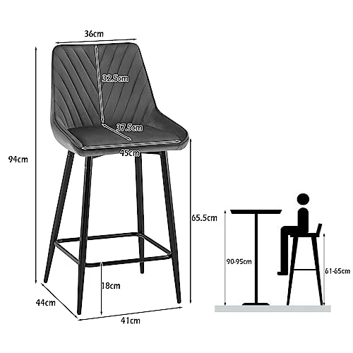 TUKAILAi Lot de 2 tabourets de bar en velours avec siège et dossier rembourrés - Chaises de comptoir de cuisine, tabourets de bar avec pieds et repose-pieds en métal noir pour salle à manger, bar,