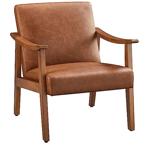 Yaheetech Fauteuil de Salon Confortable Fauteuil Chaise Cadre en Bois d’hévéa pour Salon Chambre Salle de Séjour Bureau Intérieur 62 cm L × 70 cm l × 74 cm H Marron Clair
