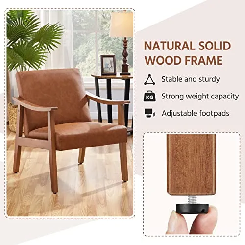 Yaheetech Fauteuil de Salon Confortable Fauteuil Chaise Cadre en Bois d’hévéa pour Salon Chambre Salle de Séjour Bureau Intérieur 62 cm L × 70 cm l × 74 cm H Marron Clair