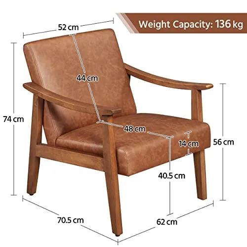 Yaheetech Fauteuil de Salon Confortable Fauteuil Chaise Cadre en Bois d’hévéa pour Salon Chambre Salle de Séjour Bureau Intérieur 62 cm L × 70 cm l × 74 cm H Marron Clair