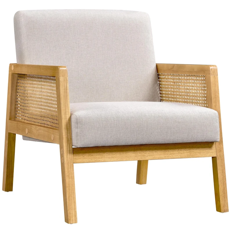 Abician Fauteuil de Salon en Bois et en Tissu Chaise de Rotin Relax avec Coussins Rembourrés pour Salon Chambre Vérandas Beige/1