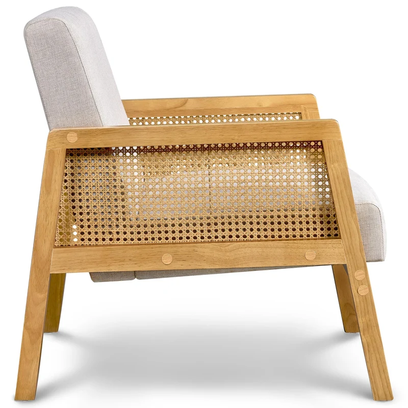 Abician Fauteuil de Salon en Bois et en Tissu Chaise de Rotin Relax avec Coussins Rembourrés pour Salon Chambre Vérandas Beige/1