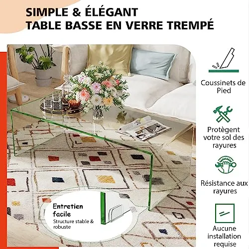 GOPLUS Table Basse Verre Trempé, Table de Salon d’Appoint Moderne Minimaliste sans Assemblage, pour Salon, Chambre, Appartement 108X50X35 CM
