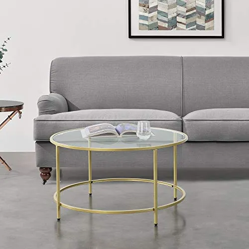 Table Basse Ronde pour Salon Petite Table Stylée Plateau en Verre Pieds en Acier 84 x 45,5 cm Doré