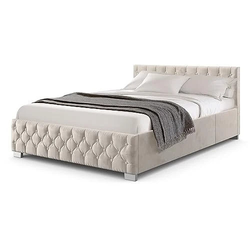 Juskys lit rembourré Nizza 180 x 200 cm - Cadre de lit avec sommier à Lattes, Coffre de lit et éclairage LED - lit avec Housse en Velours et surpiqûre Chesterfield - Beige
