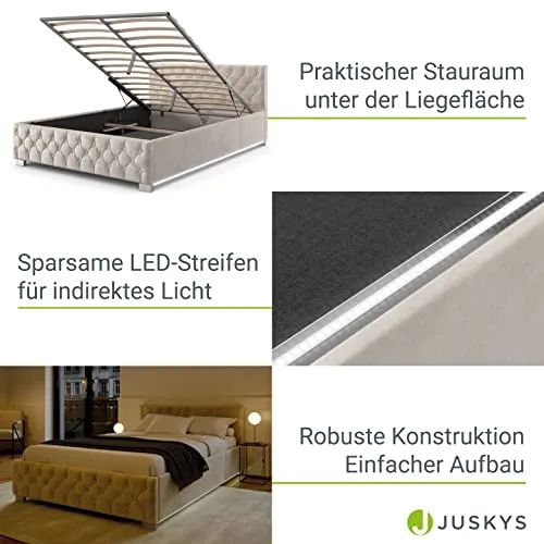 Juskys lit rembourré Nizza 180 x 200 cm - Cadre de lit avec sommier à Lattes, Coffre de lit et éclairage LED - lit avec Housse en Velours et surpiqûre Chesterfield - Beige