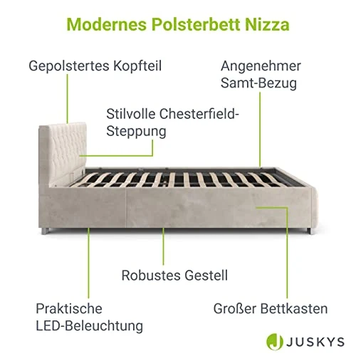 Juskys lit rembourré Nizza 180 x 200 cm - Cadre de lit avec sommier à Lattes, Coffre de lit et éclairage LED - lit avec Housse en Velours et surpiqûre Chesterfield - Beige
