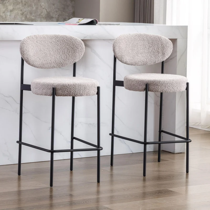 Wahson Lot de 2 Chaise de Bar en Peluche, Tabouret de Bar Moderne Rembourré avec Pieds en Métal, Chaise Huate Bar Confortable pour Îlot et Bar, Gris