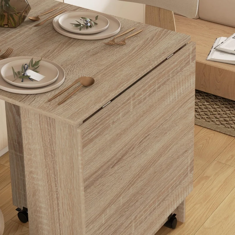 HOMCOM Table à Manger Pliante Mobile sur roulettes avec 2 Plateaux rabattables et 2 étagères intégrées - 140 x 80 x 74 cm Naturel