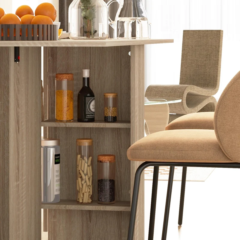 HOMCOM Table à Manger Pliante Mobile sur roulettes avec 2 Plateaux rabattables et 2 étagères intégrées - 140 x 80 x 74 cm Naturel