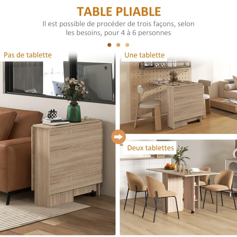 HOMCOM Table à Manger Pliante Mobile sur roulettes avec 2 Plateaux rabattables et 2 étagères intégrées - 140 x 80 x 74 cm Naturel