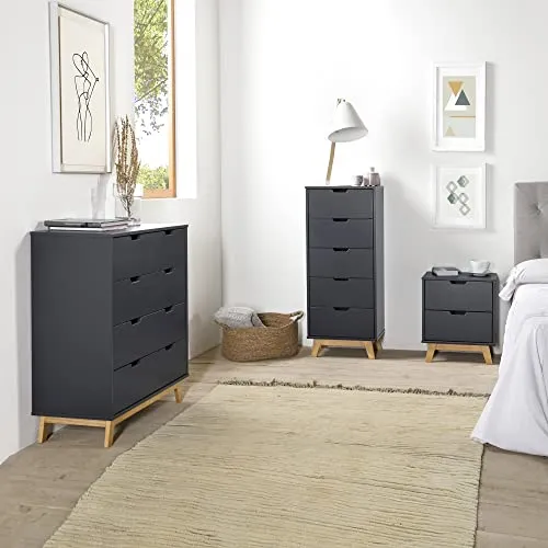 VS Venta-stock Commode Miranda avec 4 tiroirs en Couleur Gris Anthracite, Pieds et façades en Bois Naturel