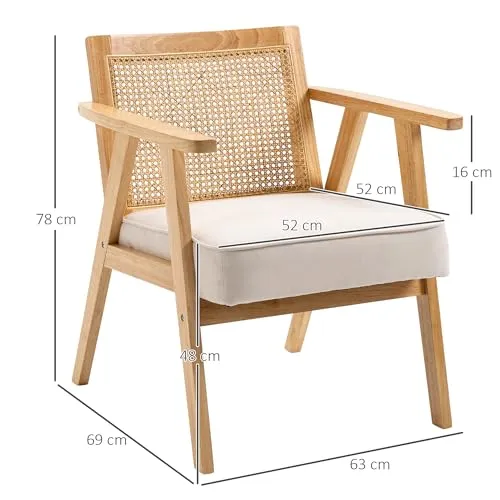 HOMCOM Fauteuil Lounge Chaise en Rotin avec Coussin - Dossier en cannage - Assise Profonde - accoudoirs - Structure Bois hévéa - Aspect Lin Beige