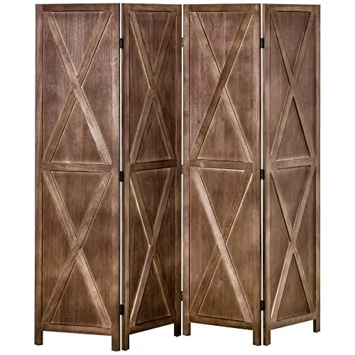 HOMCOM Paravent intérieur 4 Panneaux 182 x 170 cm Style campagnard Chic - séparateur de pièce avec croisillons - Bois de Paulownia Noyer