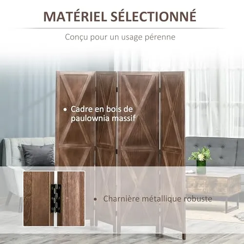 HOMCOM Paravent intérieur 4 Panneaux 182 x 170 cm Style campagnard Chic - séparateur de pièce avec croisillons - Bois de Paulownia Noyer