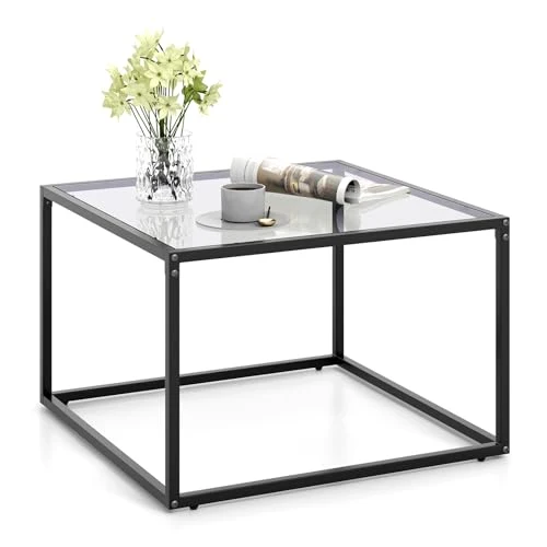 COSTWAY Table Basse Carrée, Table Basse Verre Trempé, Cadre en Métal Noir, Design Minimaliste, Table Salon, Repose-Pieds réglables, Assemblage Facile, 70 x 70 x 45 cm (Gris)