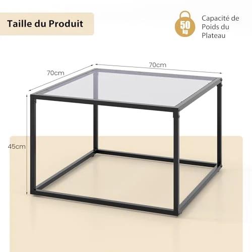COSTWAY Table Basse Carrée, Table Basse Verre Trempé, Cadre en Métal Noir, Design Minimaliste, Table Salon, Repose-Pieds réglables, Assemblage Facile, 70 x 70 x 45 cm (Gris)