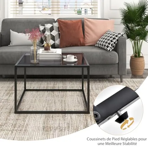 COSTWAY Table Basse Carrée, Table Basse Verre Trempé, Cadre en Métal Noir, Design Minimaliste, Table Salon, Repose-Pieds réglables, Assemblage Facile, 70 x 70 x 45 cm (Gris)