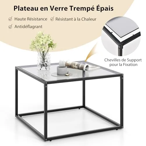 COSTWAY Table Basse Carrée, Table Basse Verre Trempé, Cadre en Métal Noir, Design Minimaliste, Table Salon, Repose-Pieds réglables, Assemblage Facile, 70 x 70 x 45 cm (Gris)