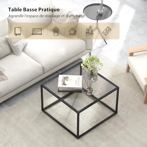 COSTWAY Table Basse Carrée, Table Basse Verre Trempé, Cadre en Métal Noir, Design Minimaliste, Table Salon, Repose-Pieds réglables, Assemblage Facile, 70 x 70 x 45 cm (Gris)
