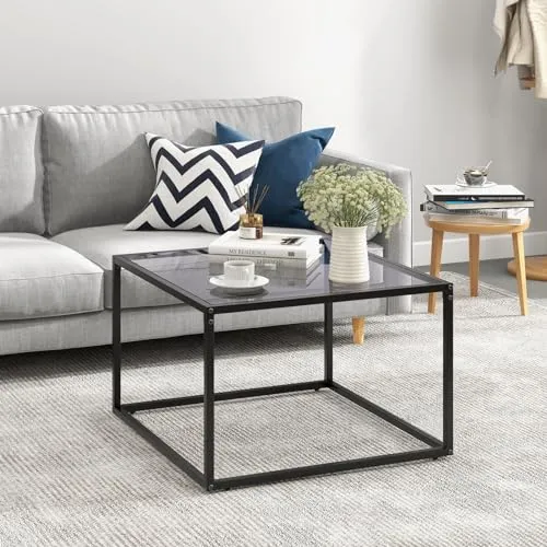 COSTWAY Table Basse Carrée, Table Basse Verre Trempé, Cadre en Métal Noir, Design Minimaliste, Table Salon, Repose-Pieds réglables, Assemblage Facile, 70 x 70 x 45 cm (Gris)