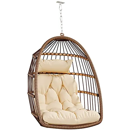 YITAHOME Fauteuil Oeuf Suspendu Charge Max. 150 kg Oeuf Suspendu Exterieur Jardin avec 2 Coussins, Cadre Robuste en Rotin, 105x74x72 cm Fauteuil Suspendu avec une Chaîne pour Intérieur, Marron & Beige