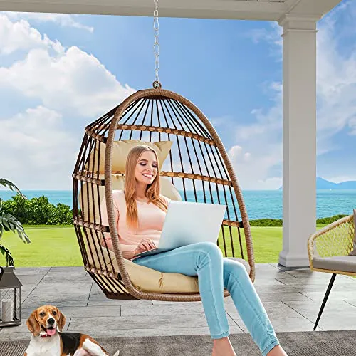 YITAHOME Fauteuil Oeuf Suspendu Charge Max. 150 kg Oeuf Suspendu Exterieur Jardin avec 2 Coussins, Cadre Robuste en Rotin, 105x74x72 cm Fauteuil Suspendu avec une Chaîne pour Intérieur, Marron & Beige