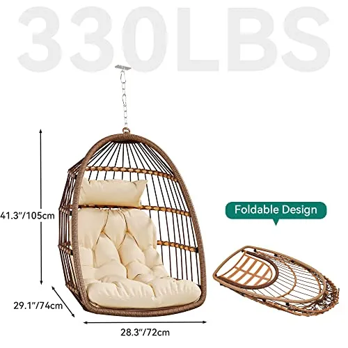 YITAHOME Fauteuil Oeuf Suspendu Charge Max. 150 kg Oeuf Suspendu Exterieur Jardin avec 2 Coussins, Cadre Robuste en Rotin, 105x74x72 cm Fauteuil Suspendu avec une Chaîne pour Intérieur, Marron & Beige