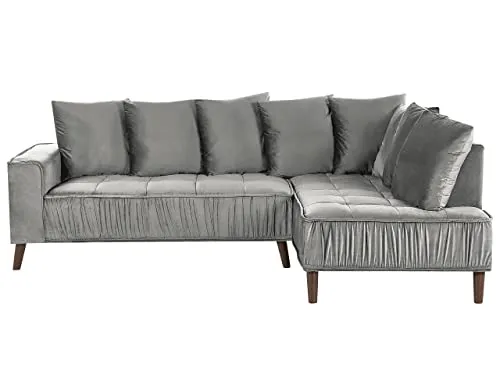 Canapé Moderne en Velours Gris d'Angle Gauche Pieds en Bois d'Eucalyptus Grena