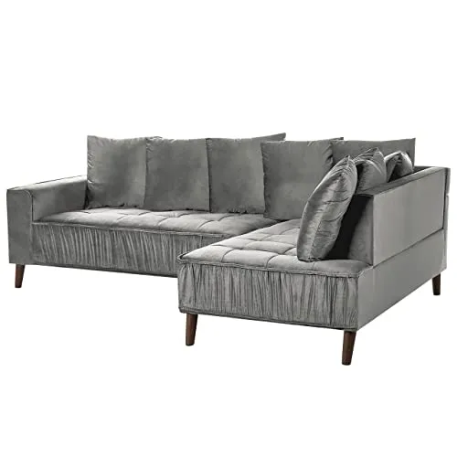 Canapé Moderne en Velours Gris d'Angle Gauche Pieds en Bois d'Eucalyptus Grena
