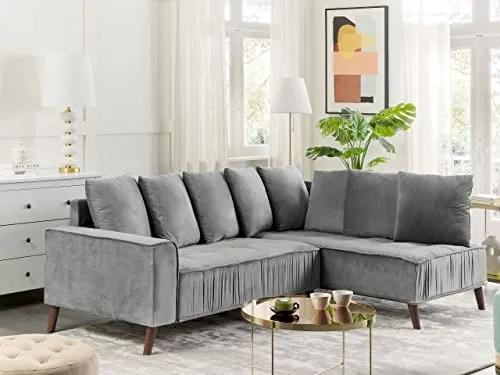 Canapé Moderne en Velours Gris d'Angle Gauche Pieds en Bois d'Eucalyptus Grena