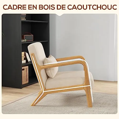 HOMCOM Fauteuil de Salon avec Cadre en Bois Massif Fauteuil Lounge - Assise Profonde - accoudoirs - Aspect Velours Beige