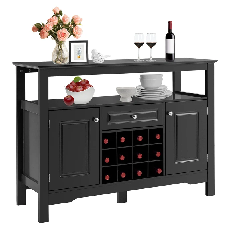 GOPLUS Buffet de Cuisine avec Porte-Bouteille Amovible pour 12 Bouteilles, Tiroir, 2 Placards, pour Cuisine et Salon, 116 x 40 x 82 CM, Noir