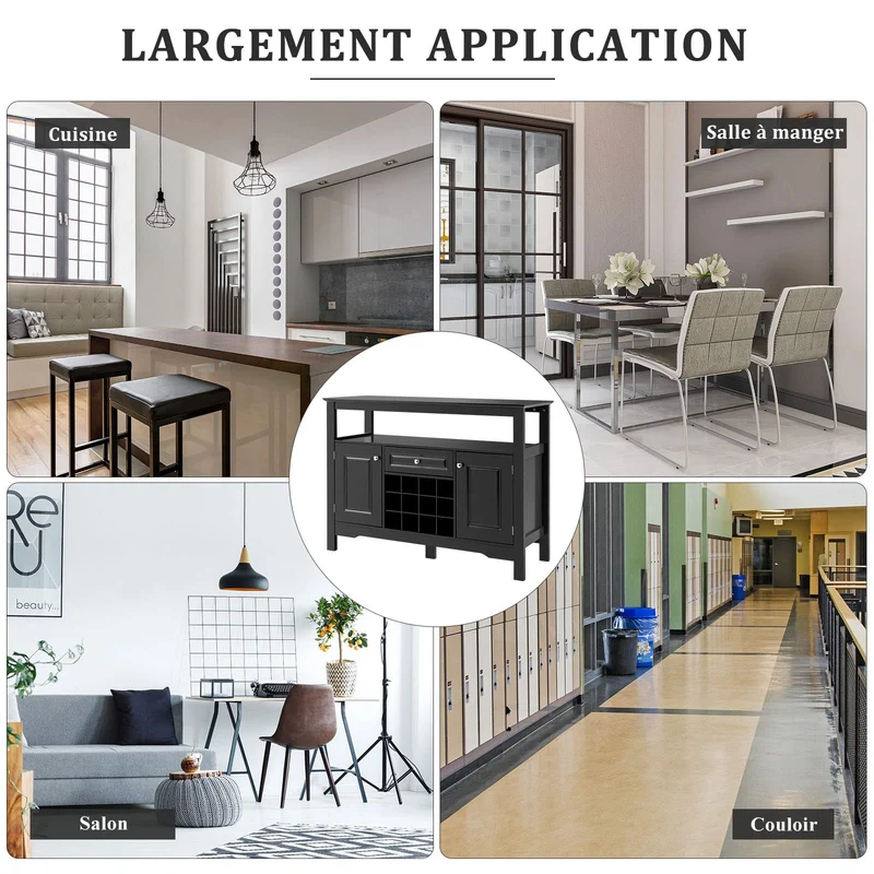 GOPLUS Buffet de Cuisine avec Porte-Bouteille Amovible pour 12 Bouteilles, Tiroir, 2 Placards, pour Cuisine et Salon, 116 x 40 x 82 CM, Noir