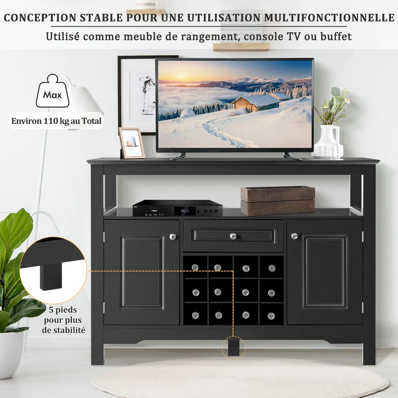 GOPLUS Buffet de Cuisine avec Porte-Bouteille Amovible pour 12 Bouteilles, Tiroir, 2 Placards, pour Cuisine et Salon, 116 x 40 x 82 CM, Noir