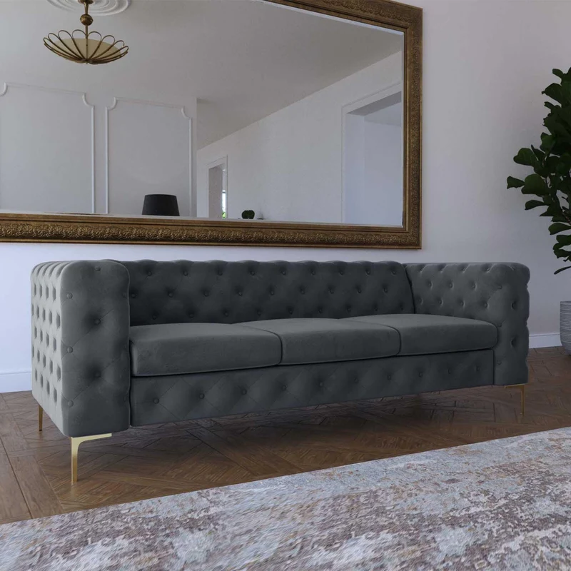 Mobilier-Deco Darcy - Canapé Chesterfield 3 Places en Velours Gris