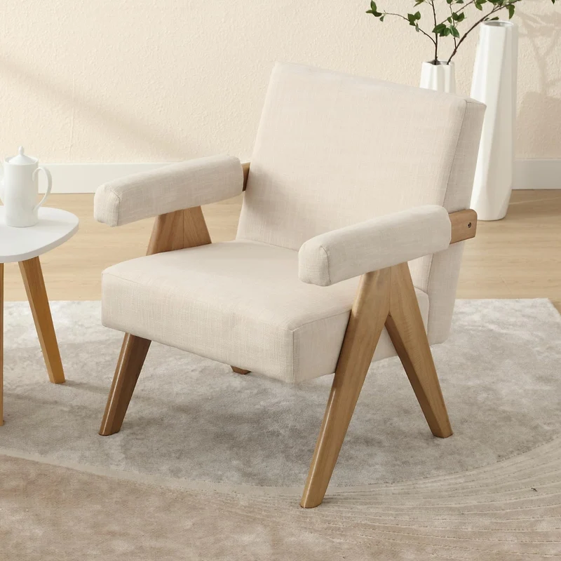 Wahson Fauteuil de Salon en Lin en Bois Massif Fauteuil Salon Confortable avec Accoudoirs Fauteuil pour Chambre/Salon, Beige